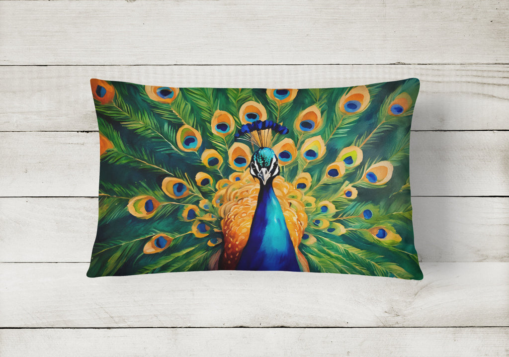 Peacock Full Feather Display Vibrant Decorative Throw Pillow 12x16 Indoor Outdoor Accent Cushion, Fabric Cover with Insert for Sofa, Bed, Porch & Living Room