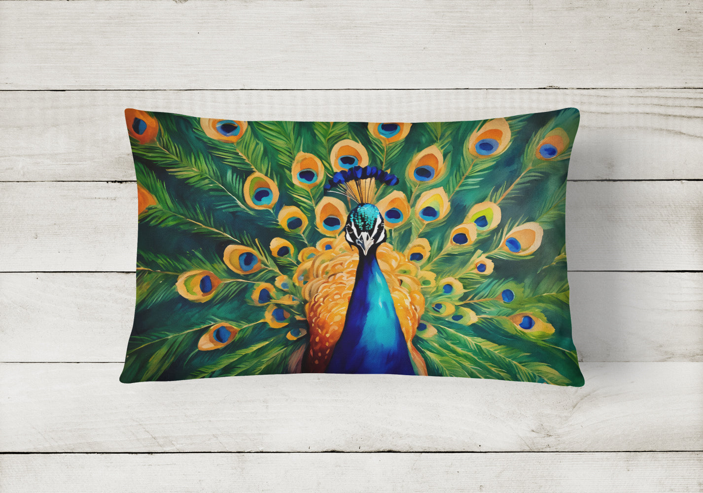 Peacock Full Feather Display Vibrant Decorative Throw Pillow 12x16 Indoor Outdoor Accent Cushion, Fabric Cover with Insert for Sofa, Bed, Porch & Living Room