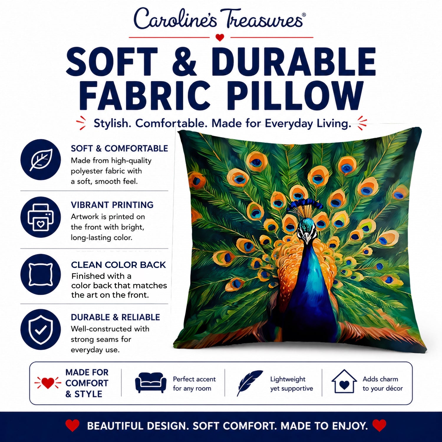 Peacock Full Feather Display Vibrant Decorative Throw Pillow 14x14 Indoor Outdoor Accent Cushion, Fabric Cover with Insert for Sofa, Bed, Porch & Living Room