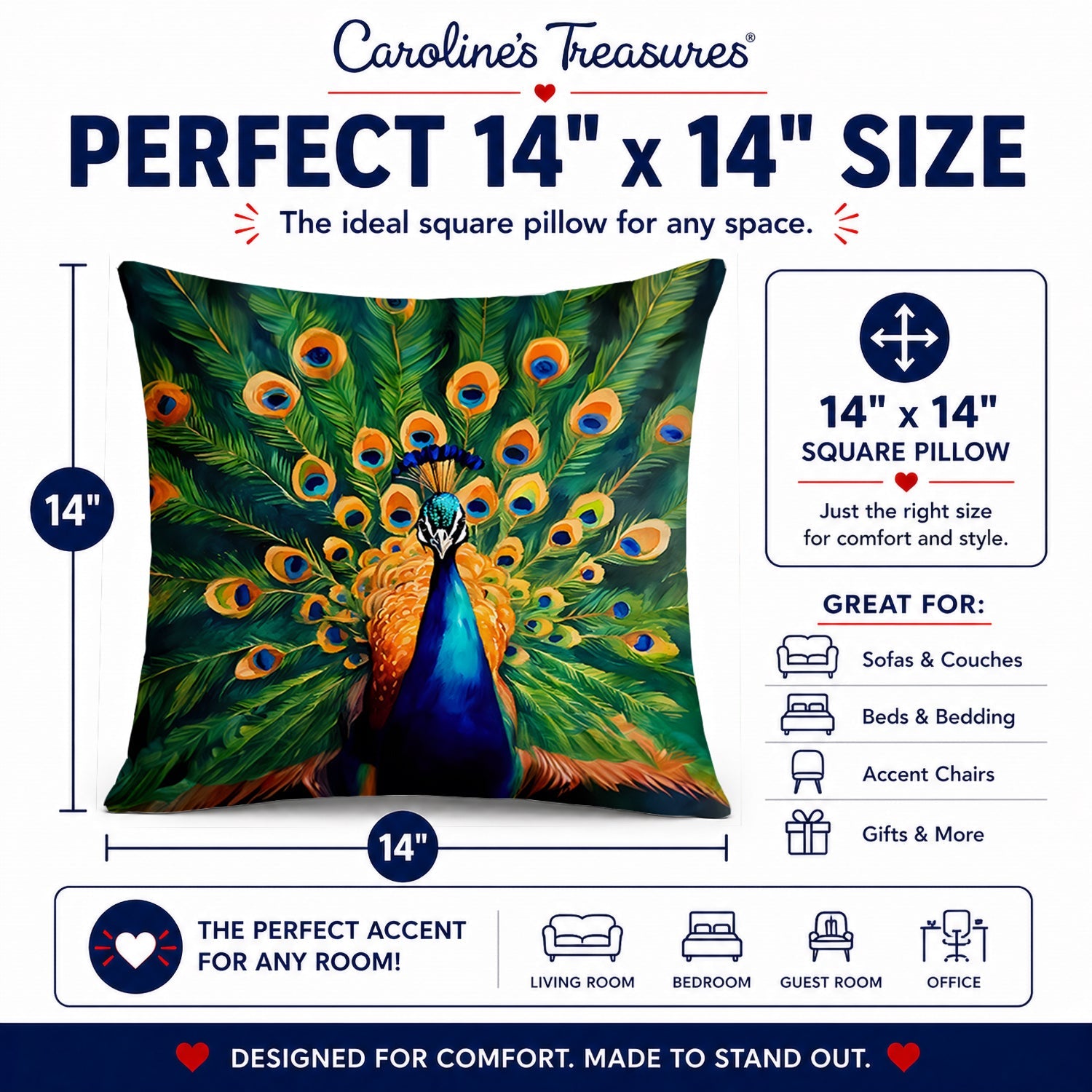 Peacock Full Feather Display Vibrant Decorative Throw Pillow 14x14 Indoor Outdoor Accent Cushion, Fabric Cover with Insert for Sofa, Bed, Porch & Living Room
