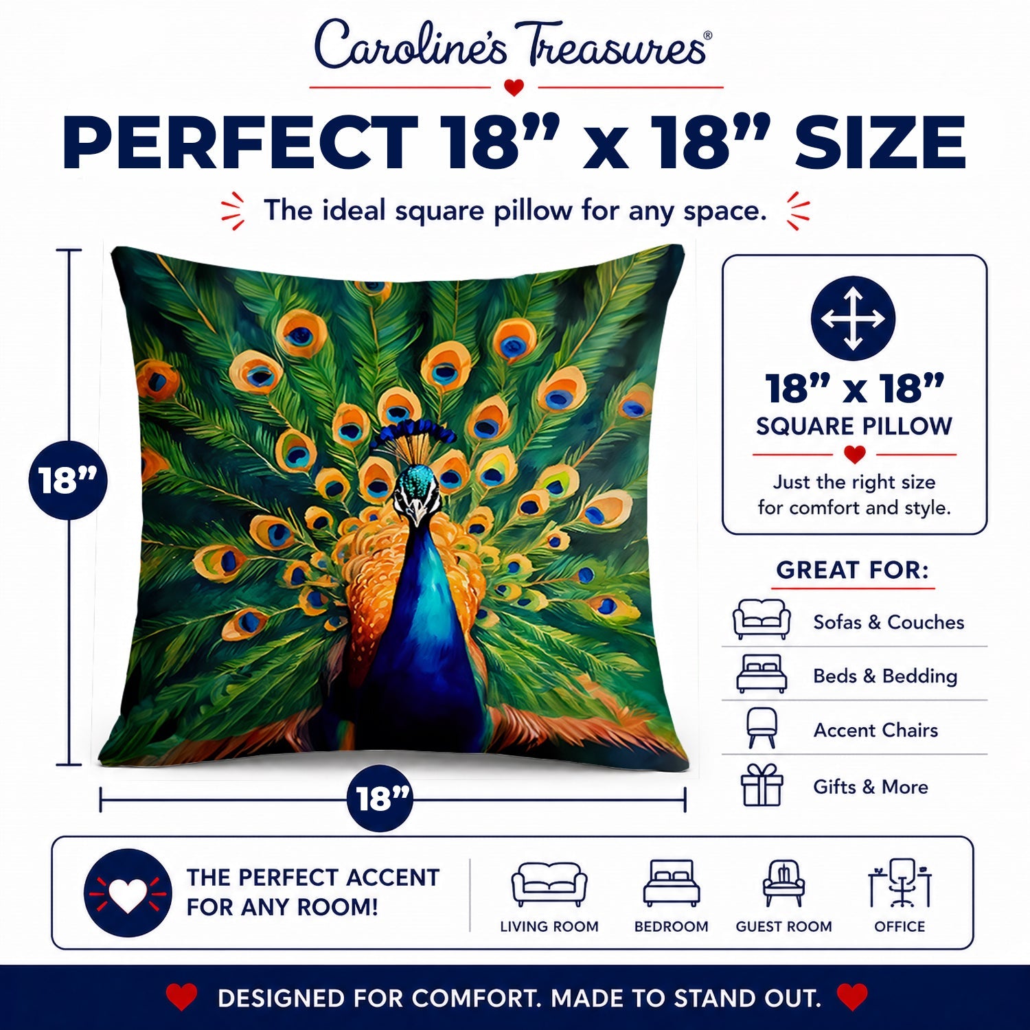 Peacock Full Feather Display Vibrant Decorative Throw Pillow 18x18 Indoor Outdoor Accent Cushion, Fabric Cover with Insert for Sofa, Bed, Porch & Living Room