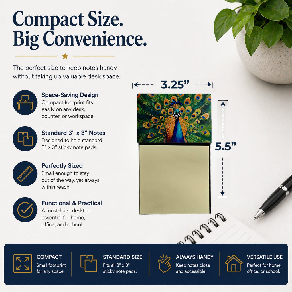 Peacock Full Feather Display Vibrant Watercolor Sticky Note Holder Refillable Dispenser Desk Accessory 3x3 Pad Gift