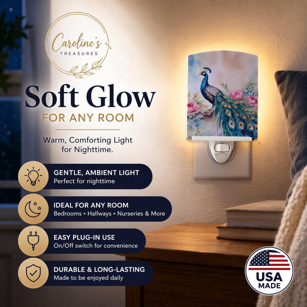 Peacock with Pink Flowers Elegant Ceramic Night Light Compact, UL-Certified, Ideal for Bedroom, Bathroom, Nursery, Hallway, Kitchen, 6x4x3, Multicolor
