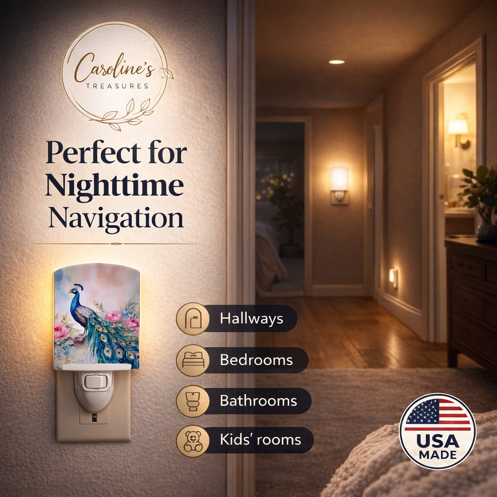 Peacock with Pink Flowers Elegant Ceramic Night Light Compact, UL-Certified, Ideal for Bedroom, Bathroom, Nursery, Hallway, Kitchen, 6x4x3, Multicolor