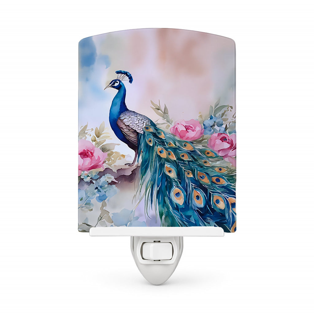 Peacock with Pink Flowers Elegant Ceramic Night Light Compact, UL-Certified, Ideal for Bedroom, Bathroom, Nursery, Hallway, Kitchen, 6x4x3, Multicolor