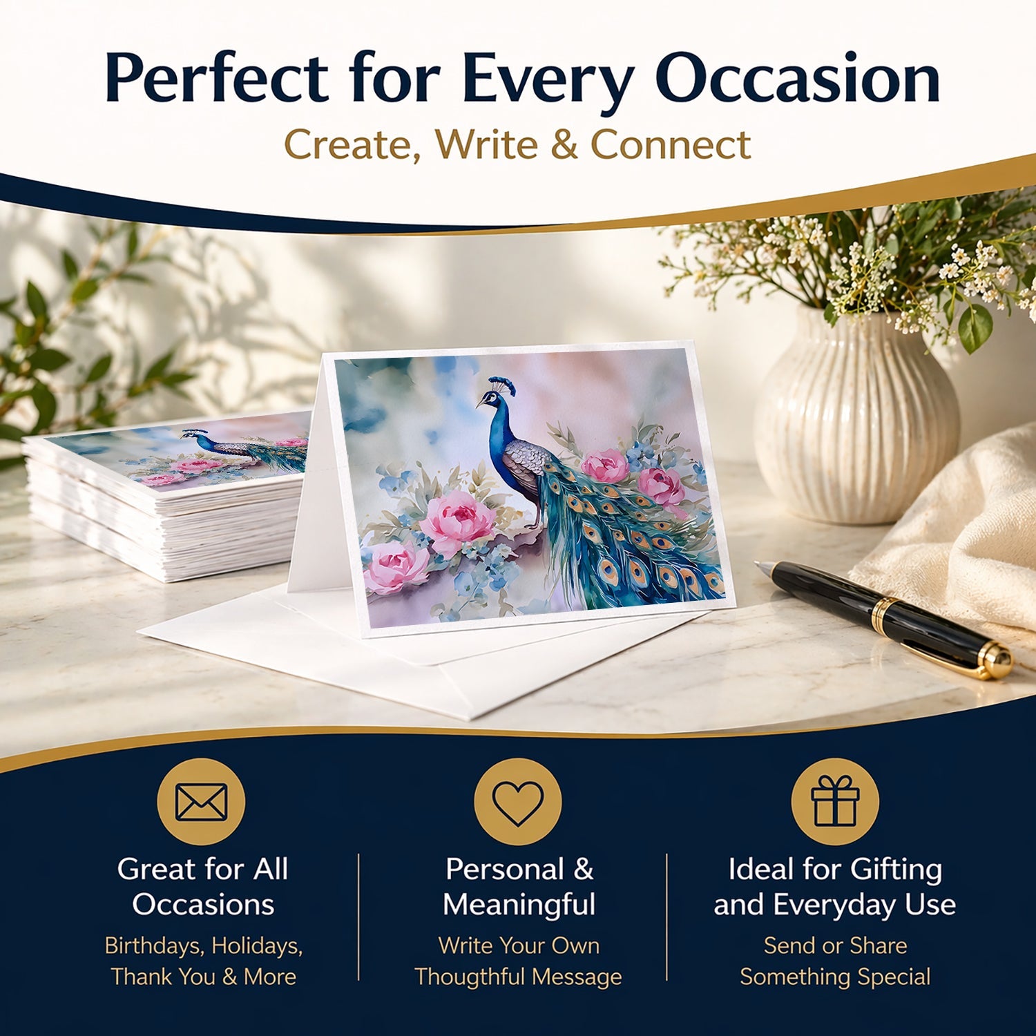 Peacock with Pink Flowers Elegant Greeting Cards Pack of 8 Blank Cards with Envelopes Whimsical A7 Size 5x7