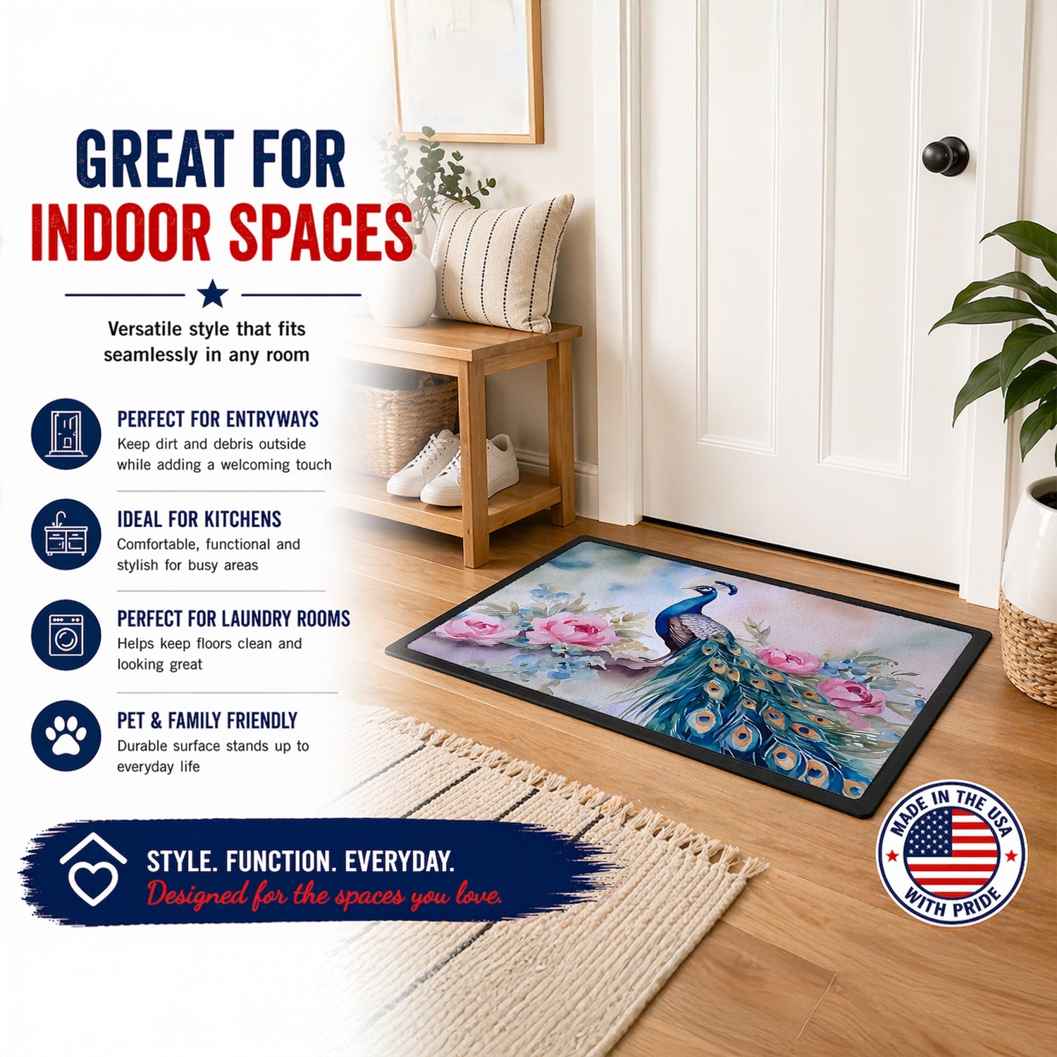 Peacock with Pink Flowers Elegant Doormat Indoor Outdoor 18H X 27W Front Door Mat Rugs for Entryway, Non Slip Washable