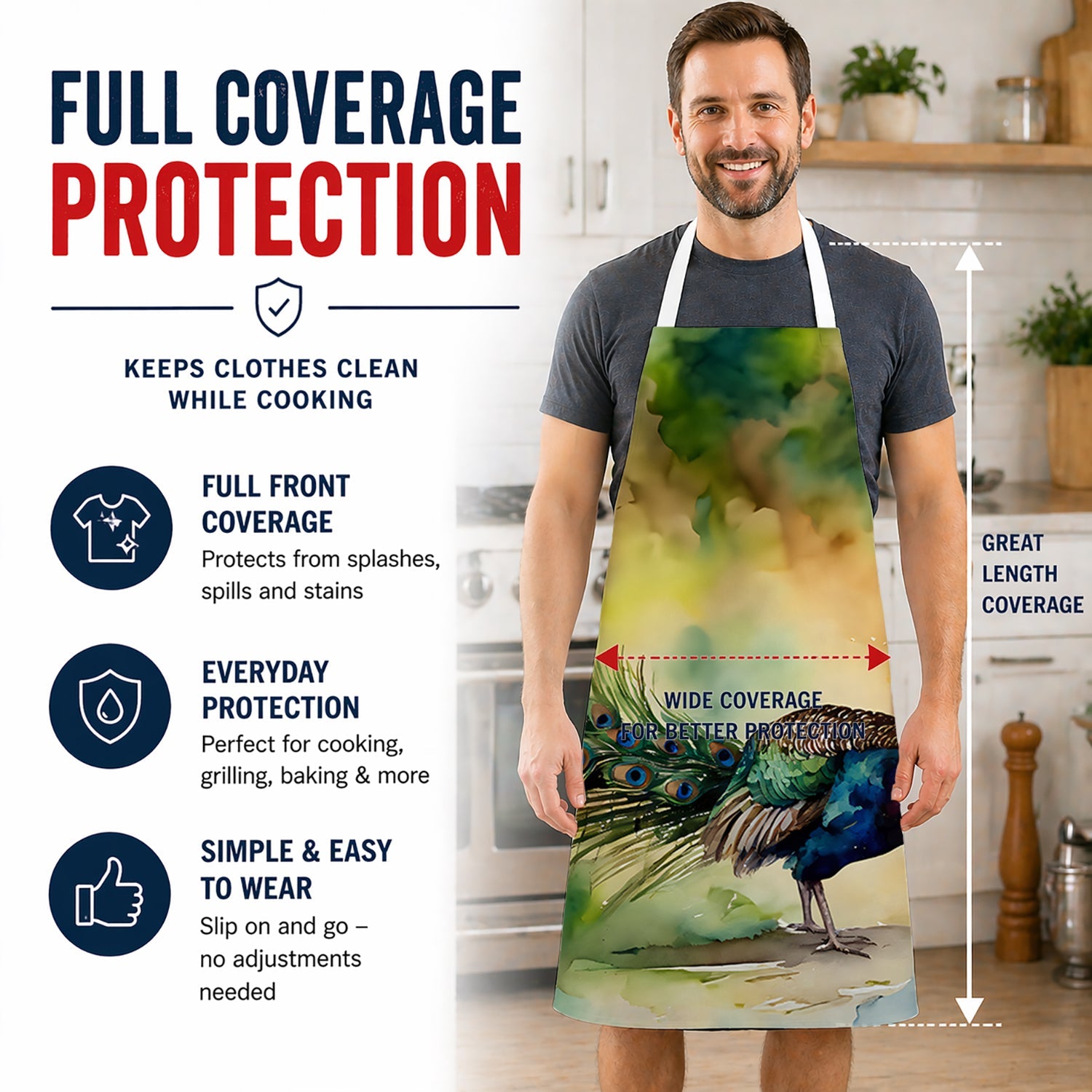 Peacock Walking Garden Scene Apron Cooking Kitchen Server Baking Crafts Gardening for Adult Women Men, Unisex, Large, Multicolor