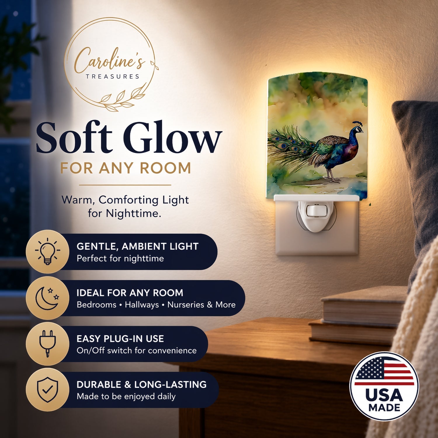 Peacock Walking Garden Scene Ceramic Night Light Compact, UL-Certified, Ideal for Bedroom, Bathroom, Nursery, Hallway, Kitchen, 6x4x3, Multicolor