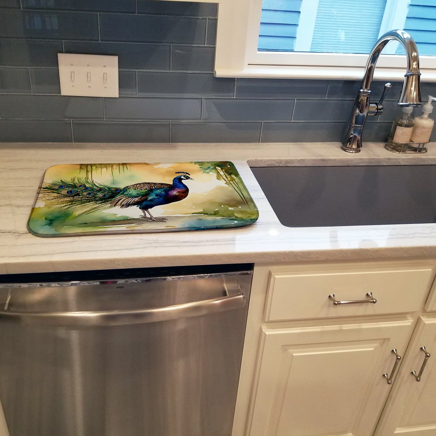 Peacock Walking Garden Scene Dish Drying Mat Absorbent Dish Drying Mat Pad for Kitchen Counter Dish Drainer Mat for Countertop, 14 x 21", Multicolor