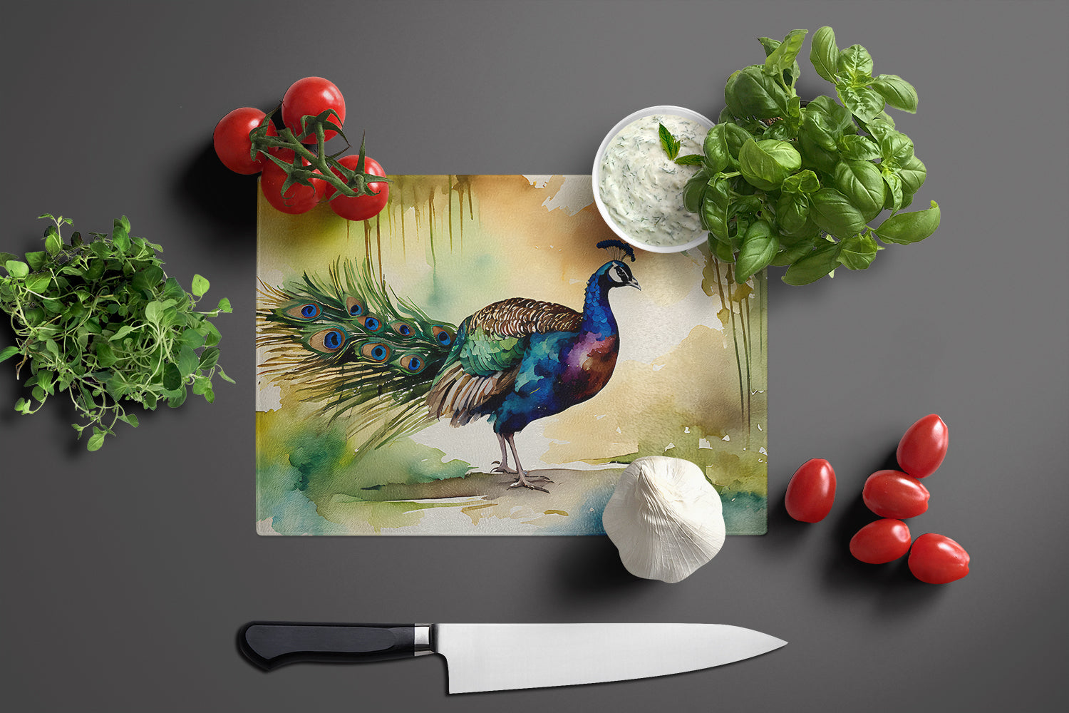 Peacock Walking Garden Scene Cutting Board Tempered Glass Kitchen Cutting Surface, Heat Resistant Chopping, Non-Slip Feet, Food Prep & Serving