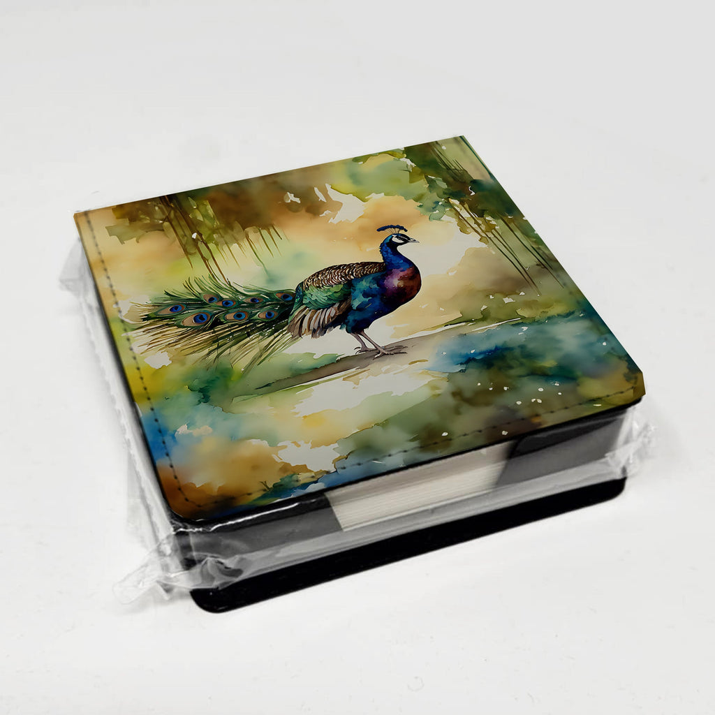 Peacock Walking Garden Scene PU Leather Note Paper Holder with Artist-Designed Cover, Desk Accessory, Office Gift