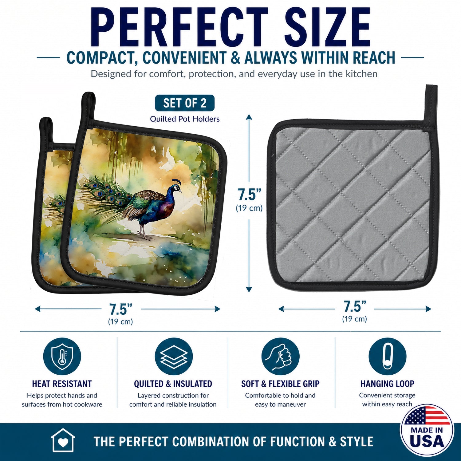 Peacock Walking Garden Scene Pot Holder Set of 2 Heat Resistant Quilted Hot Pads 7.5 x 7.5 Inch, Insulated Kitchen Trivets for Cooking & Baking