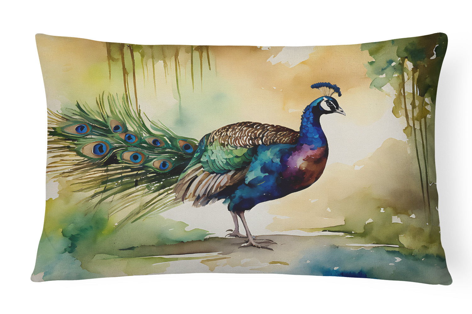 Peacock Walking Garden Scene Decorative Throw Pillow 12x16 Indoor Outdoor Accent Cushion, Fabric Cover with Insert for Sofa, Bed, Porch & Living Room