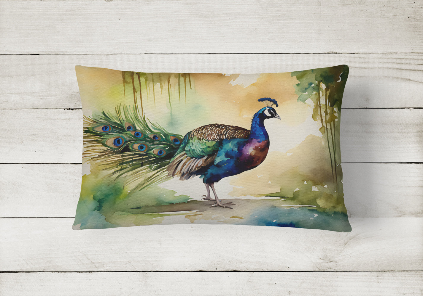 Peacock Walking Garden Scene Decorative Throw Pillow 12x16 Indoor Outdoor Accent Cushion, Fabric Cover with Insert for Sofa, Bed, Porch & Living Room