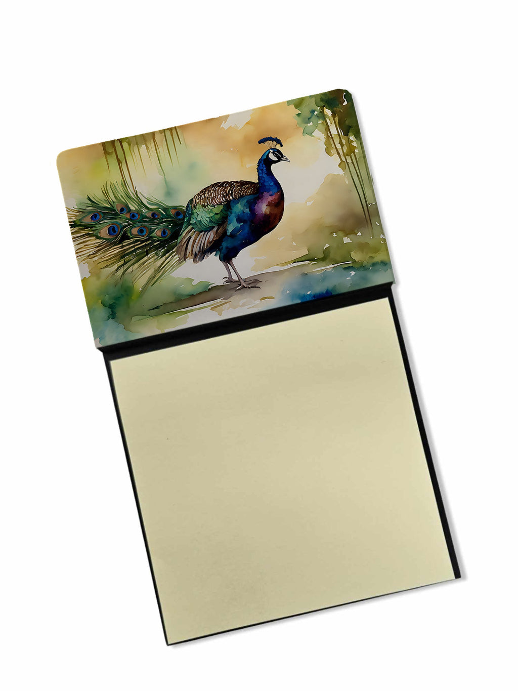 Peacock Walking Garden Scene Watercolor Sticky Note Holder Refillable Dispenser Desk Accessory 3x3 Pad Gift
