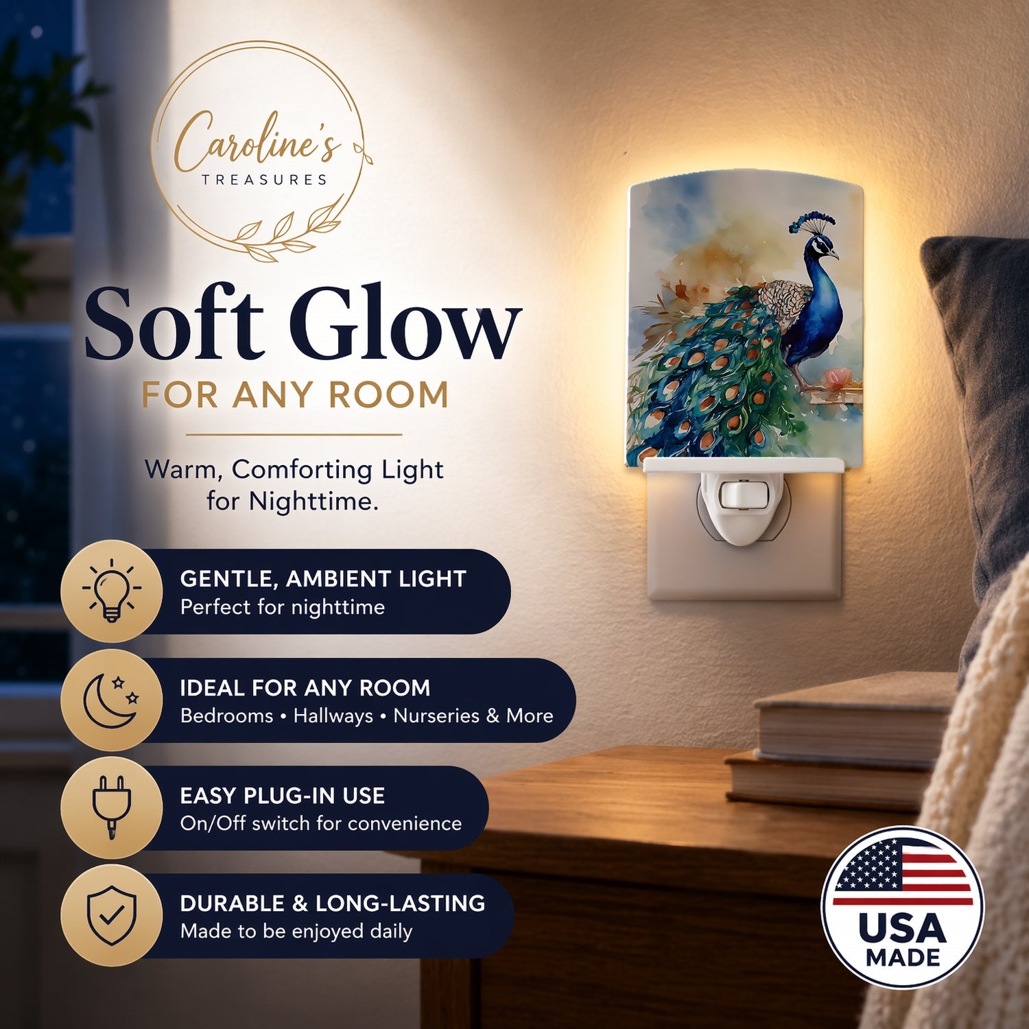 Peacock Tail Feathers Close View Ceramic Night Light Compact, UL-Certified, Ideal for Bedroom, Bathroom, Nursery, Hallway, Kitchen, 6x4x3, Multicolor