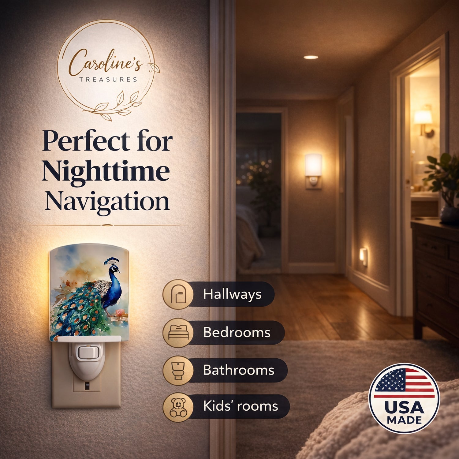 Peacock Tail Feathers Close View Ceramic Night Light Compact, UL-Certified, Ideal for Bedroom, Bathroom, Nursery, Hallway, Kitchen, 6x4x3, Multicolor