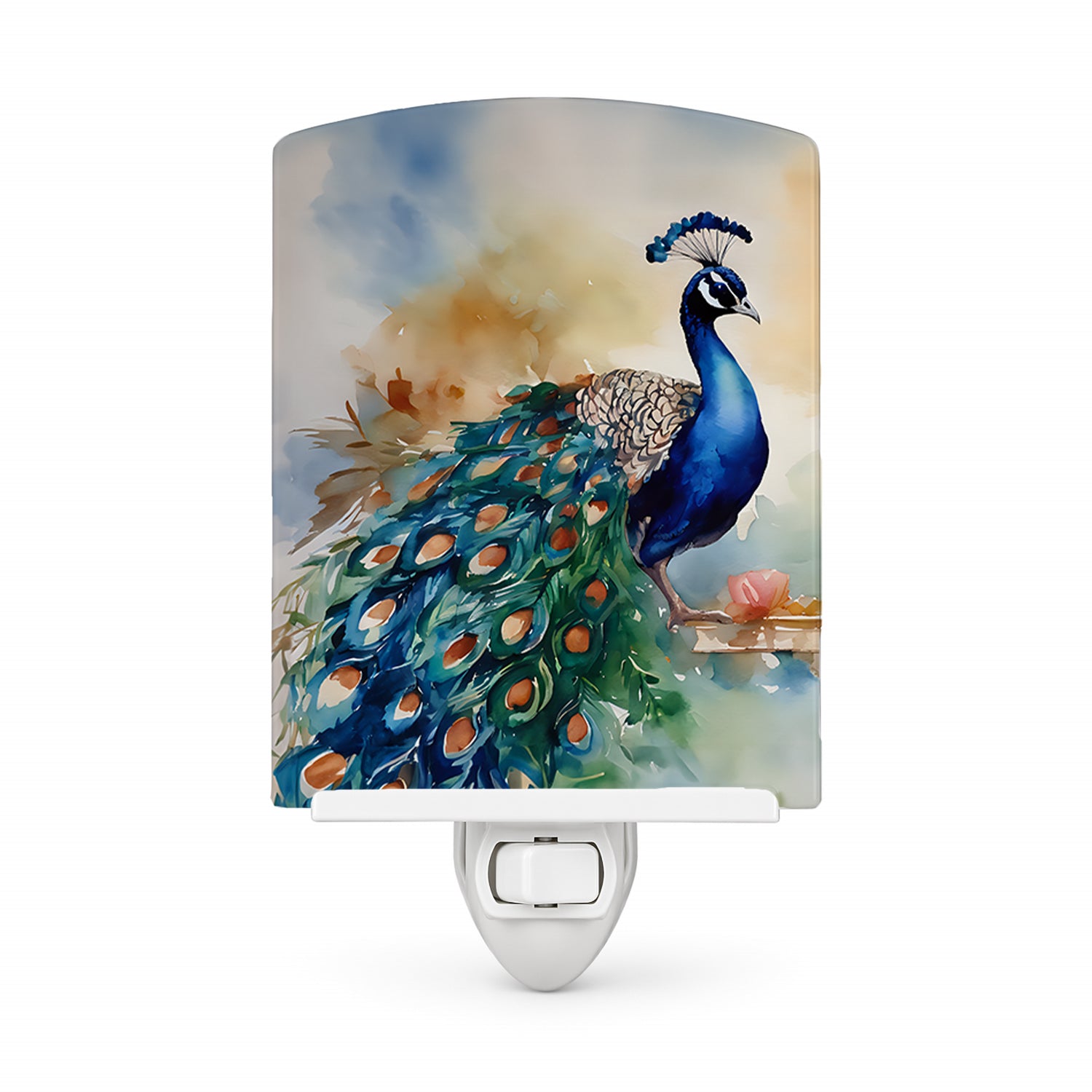 Peacock Tail Feathers Close View Ceramic Night Light Compact, UL-Certified, Ideal for Bedroom, Bathroom, Nursery, Hallway, Kitchen, 6x4x3, Multicolor