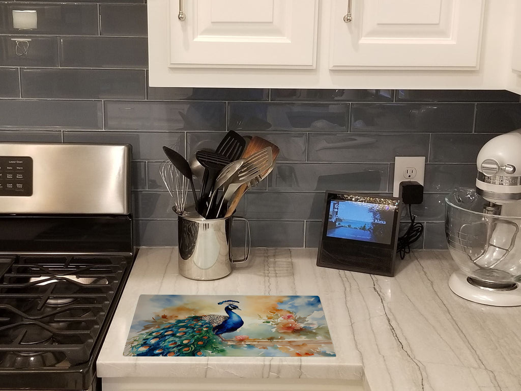 Peacock Tail Feathers Close View Cutting Board Tempered Glass Kitchen Cutting Surface, Heat Resistant Chopping, Non-Slip Feet, Food Prep & Serving
