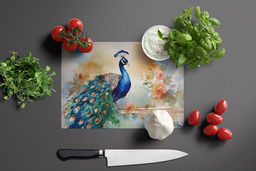 Peacock Tail Feathers Close View Cutting Board Tempered Glass Kitchen Cutting Surface, Heat Resistant Chopping, Non-Slip Feet, Food Prep & Serving