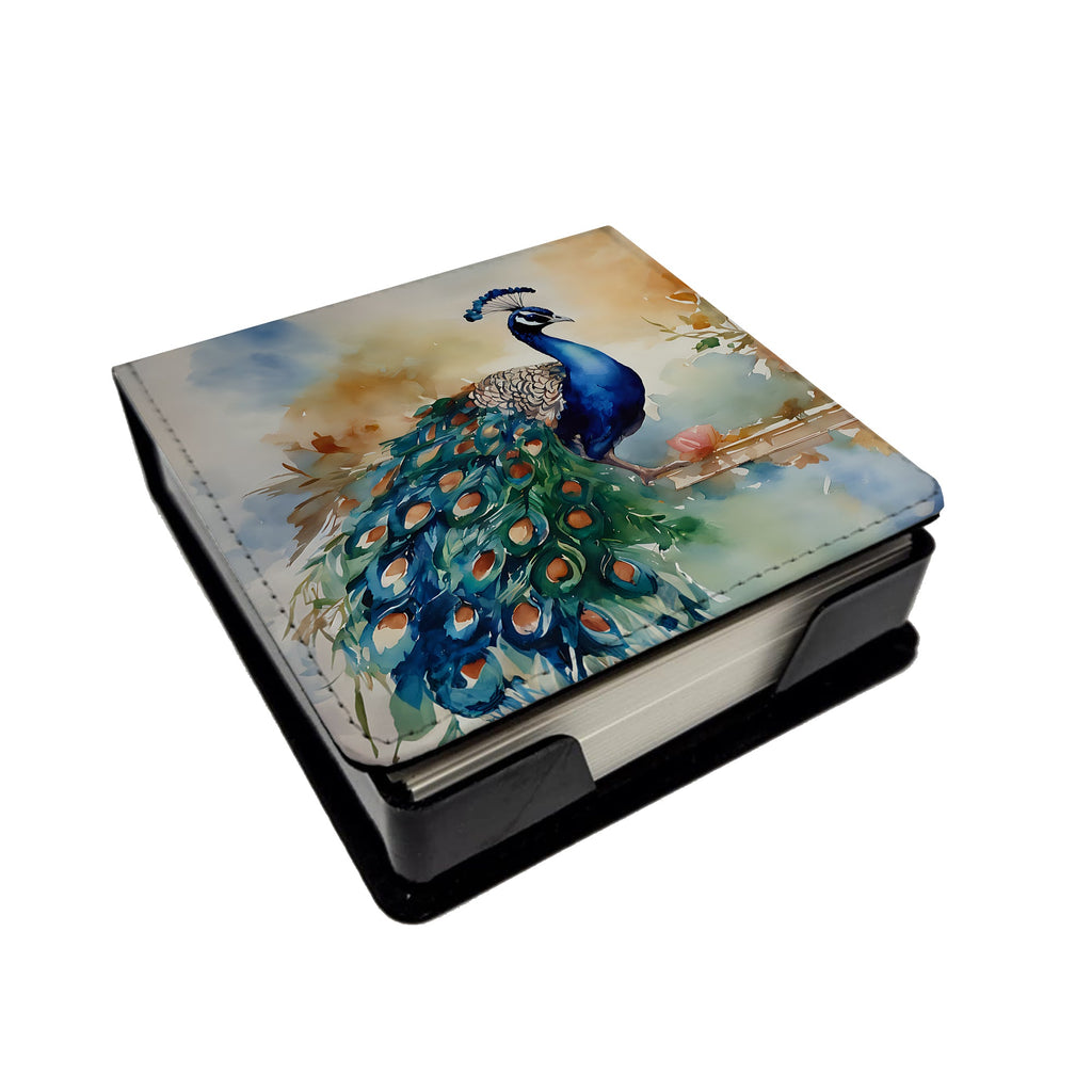 Peacock Tail Feathers Close View PU Leather Note Paper Holder with Artist-Designed Cover, Desk Accessory, Office Gift