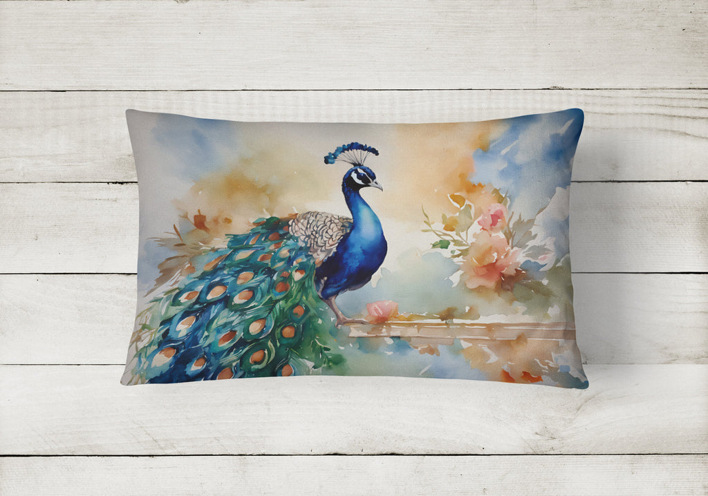 Peacock Tail Feathers Close View Decorative Throw Pillow 12x16 Indoor Outdoor Accent Cushion, Fabric Cover with Insert for Sofa, Bed, Porch & Living Room