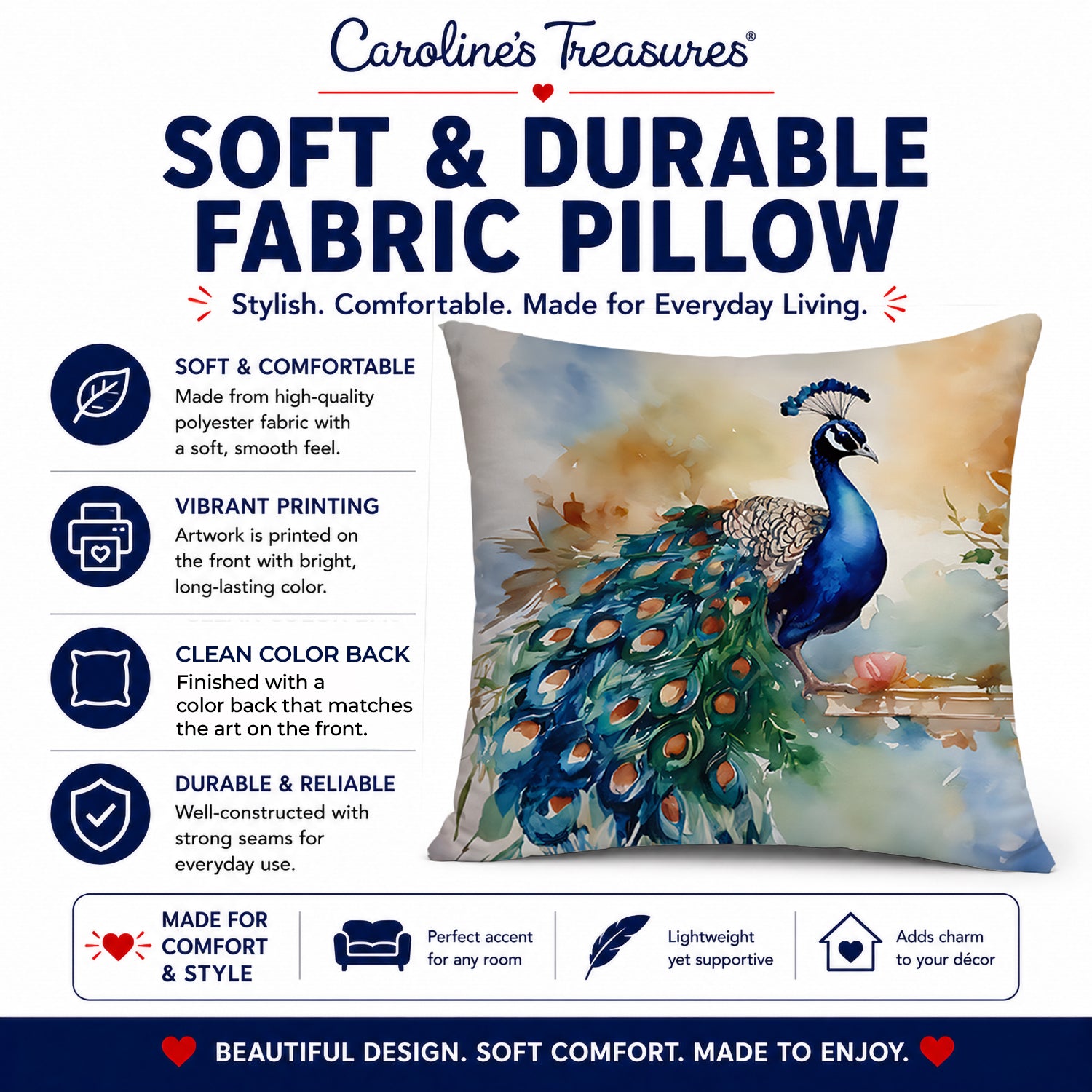 Peacock Tail Feathers Close View Decorative Throw Pillow 18x18 Indoor Outdoor Accent Cushion, Fabric Cover with Insert for Sofa, Bed, Porch & Living Room
