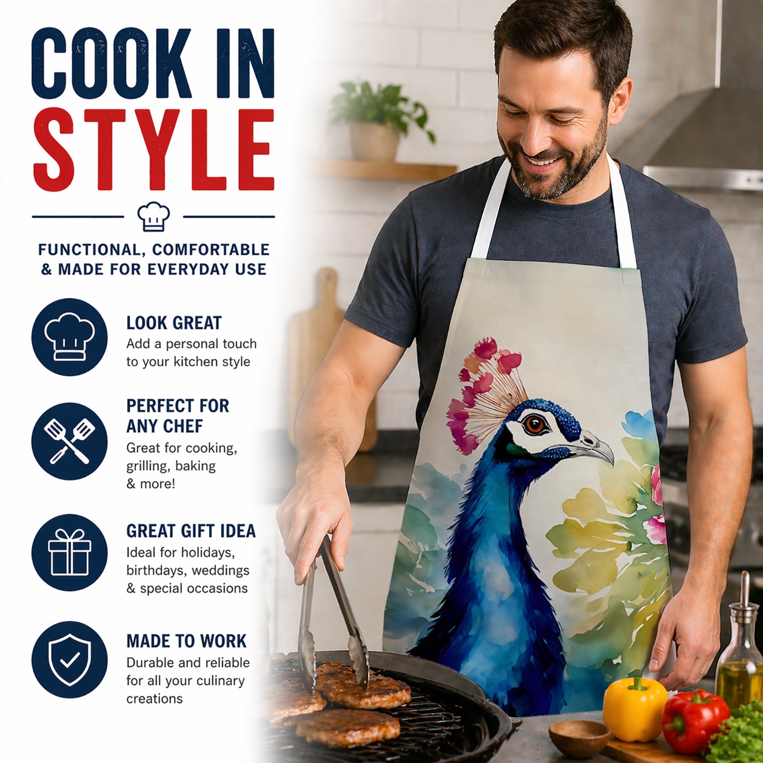 Peacock Portrait with Flower Apron Cooking Kitchen Server Baking Crafts Gardening for Adult Women Men, Unisex, Large, Multicolor
