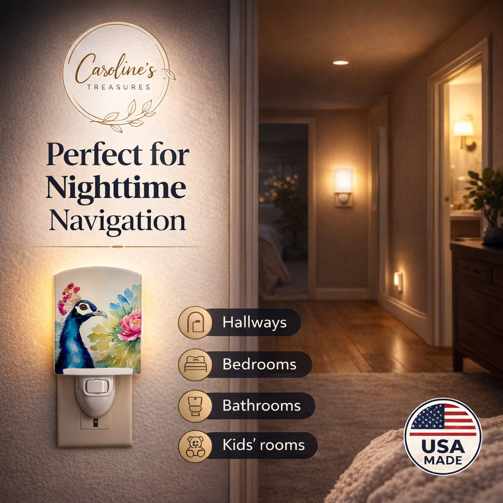 Peacock Portrait with Flower Ceramic Night Light Compact, UL-Certified, Ideal for Bedroom, Bathroom, Nursery, Hallway, Kitchen, 6x4x3, Multicolor
