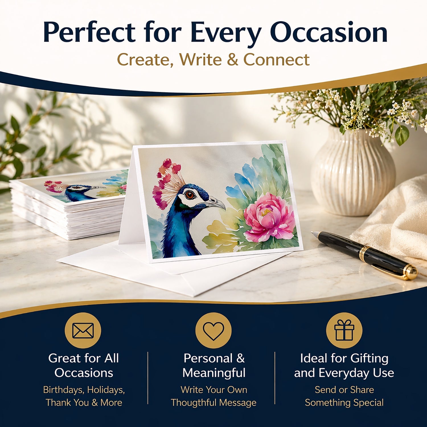 Peacock Portrait with Flower Greeting Cards Pack of 8 Blank Cards with Envelopes Whimsical A7 Size 5x7