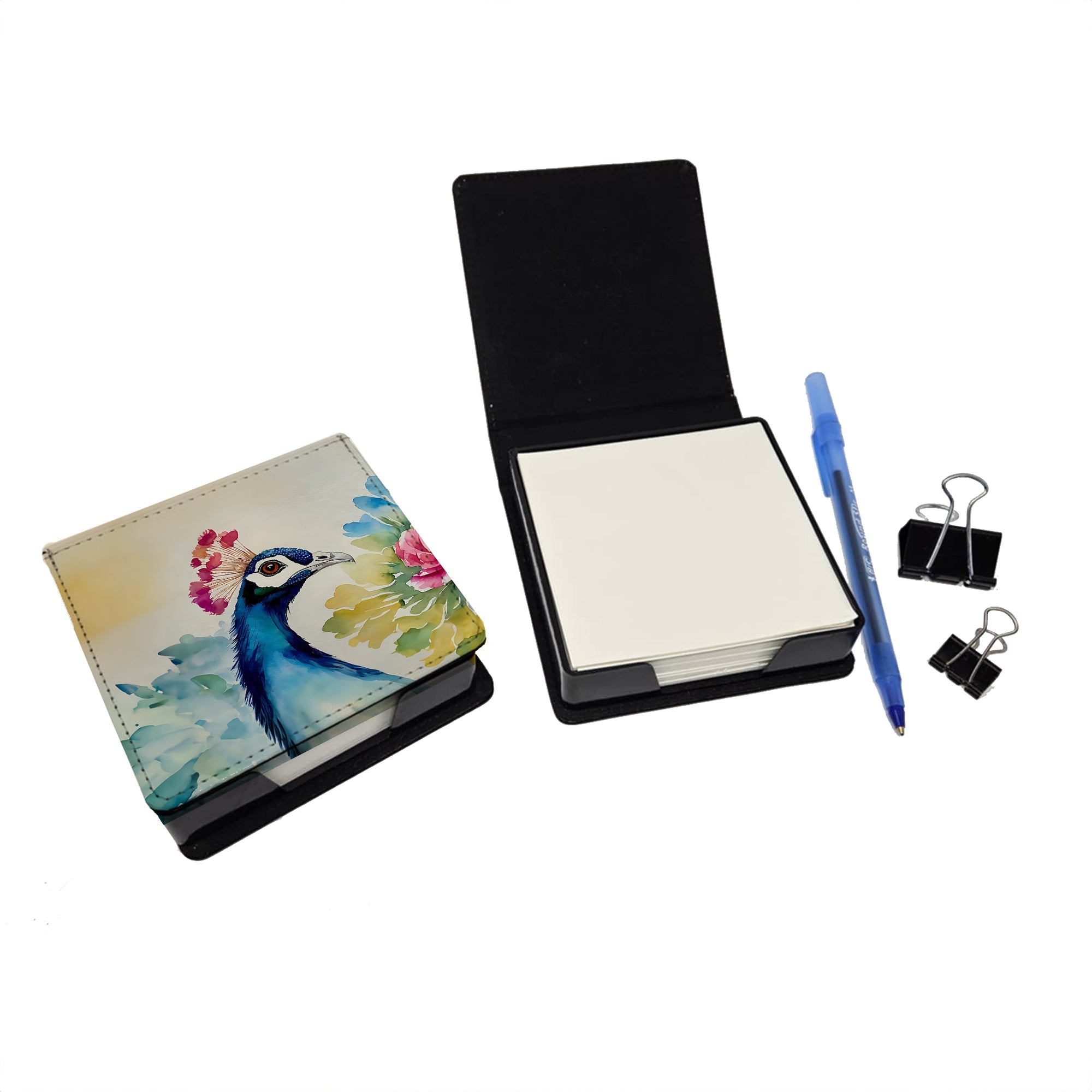 Peacock Portrait with Flower PU Leather Note Paper Holder with Artist-Designed Cover, Desk Accessory, Office Gift