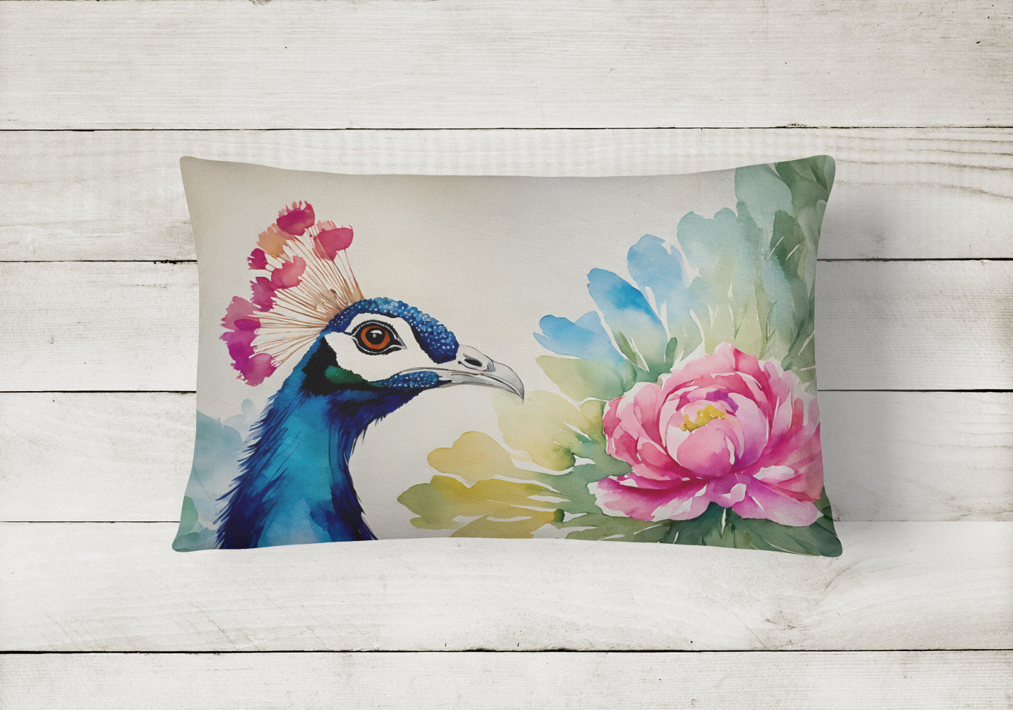 Peacock Portrait with Flower Decorative Throw Pillow 12x16 Indoor Outdoor Accent Cushion, Fabric Cover with Insert for Sofa, Bed, Porch & Living Room