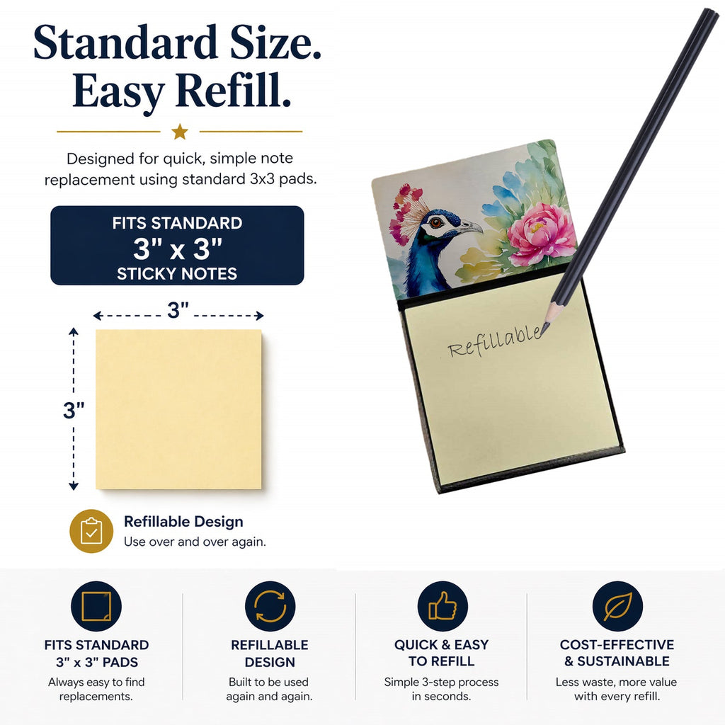 Peacock Portrait with Flower Watercolor Sticky Note Holder Refillable Dispenser Desk Accessory 3x3 Pad Gift