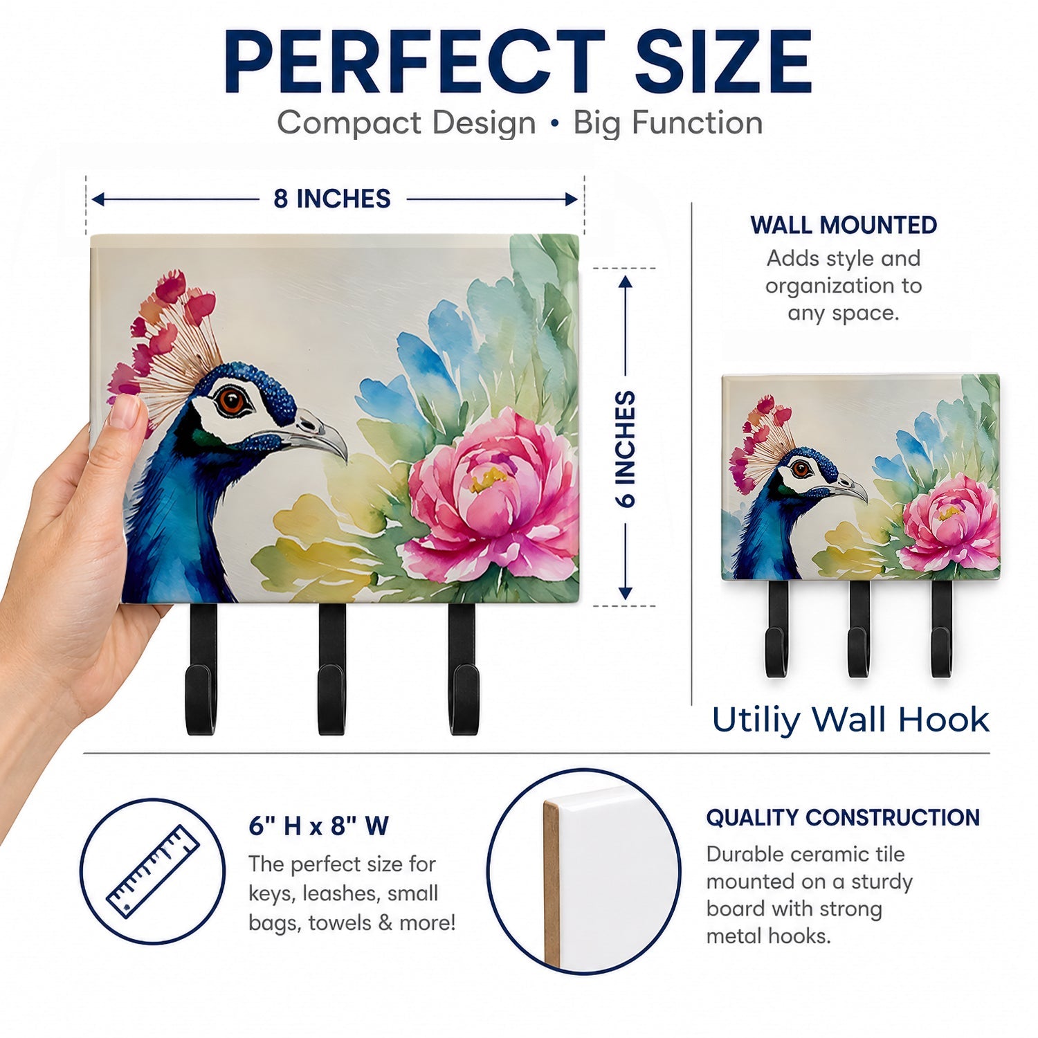 Peacock Portrait with Flower Leash or Key Holder Wall Hooks, Coat Rack Wall Mount, for Hanging Keys, Towels, Aprons, Leashes