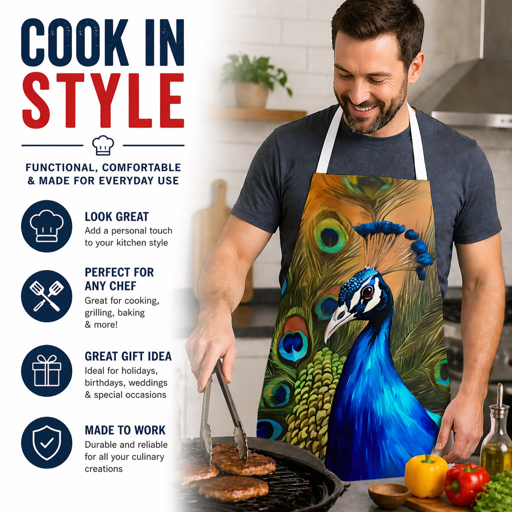Peacock Face and Feather Detail Apron Cooking Kitchen Server Baking Crafts Gardening for Adult Women Men, Unisex, Large, Multicolor