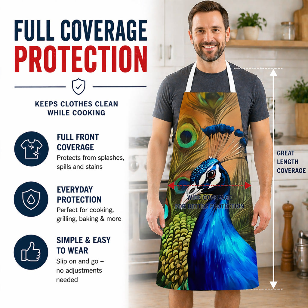 Peacock Face and Feather Detail Apron Cooking Kitchen Server Baking Crafts Gardening for Adult Women Men, Unisex, Large, Multicolor