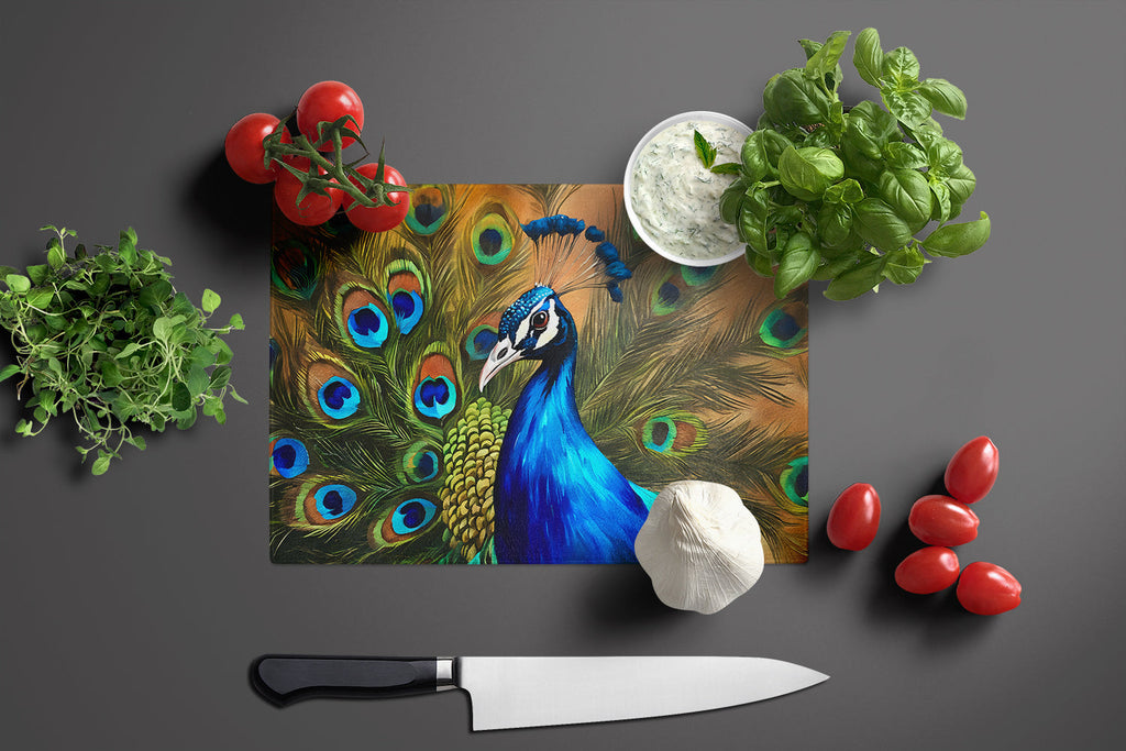 Peacock Face and Feather Detail Cutting Board Tempered Glass Kitchen Cutting Surface, Heat Resistant Chopping, Non-Slip Feet, Food Prep & Serving