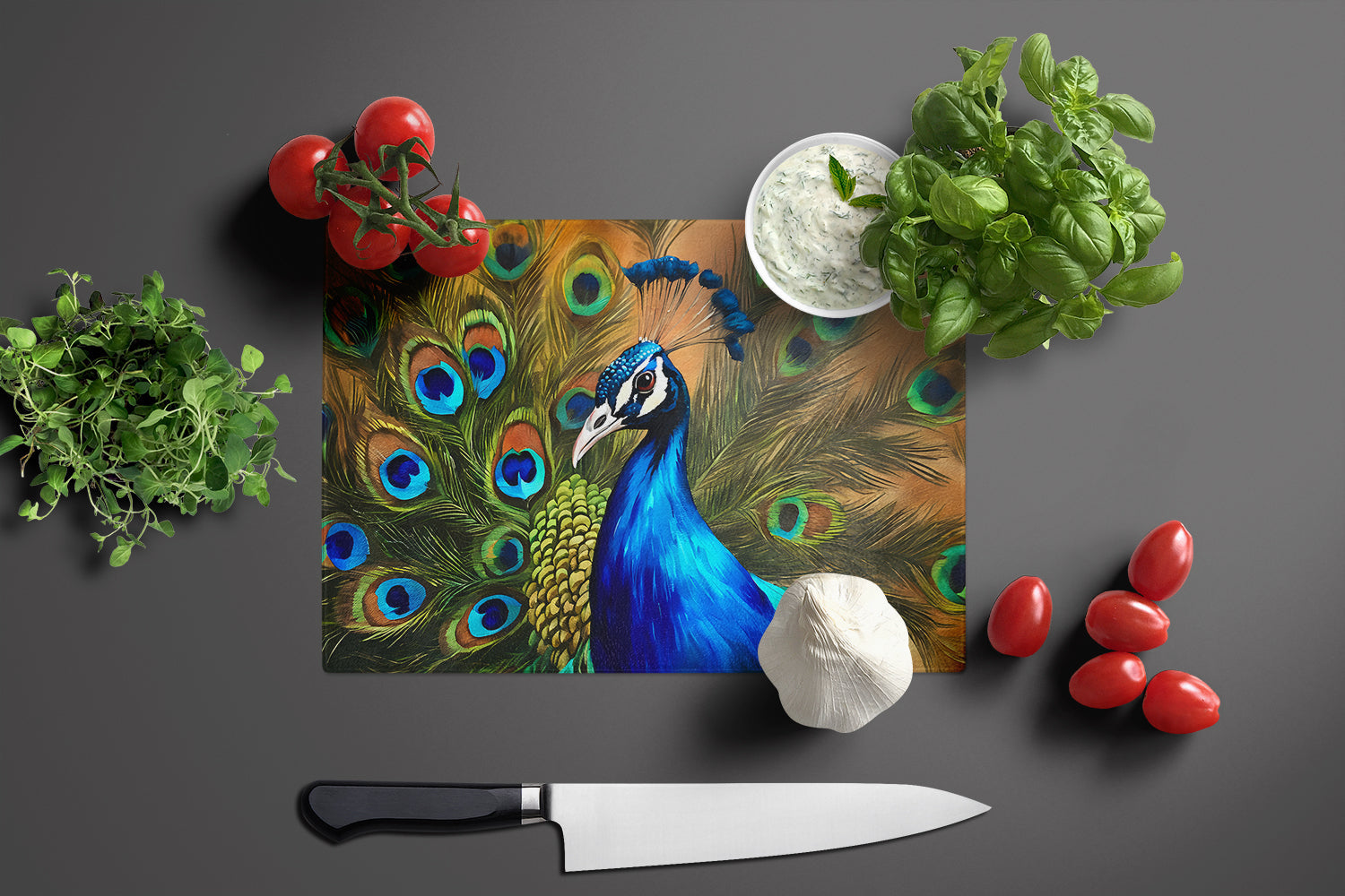 Peacock Face and Feather Detail Cutting Board Tempered Glass Kitchen Cutting Surface, Heat Resistant Chopping, Non-Slip Feet, Food Prep & Serving