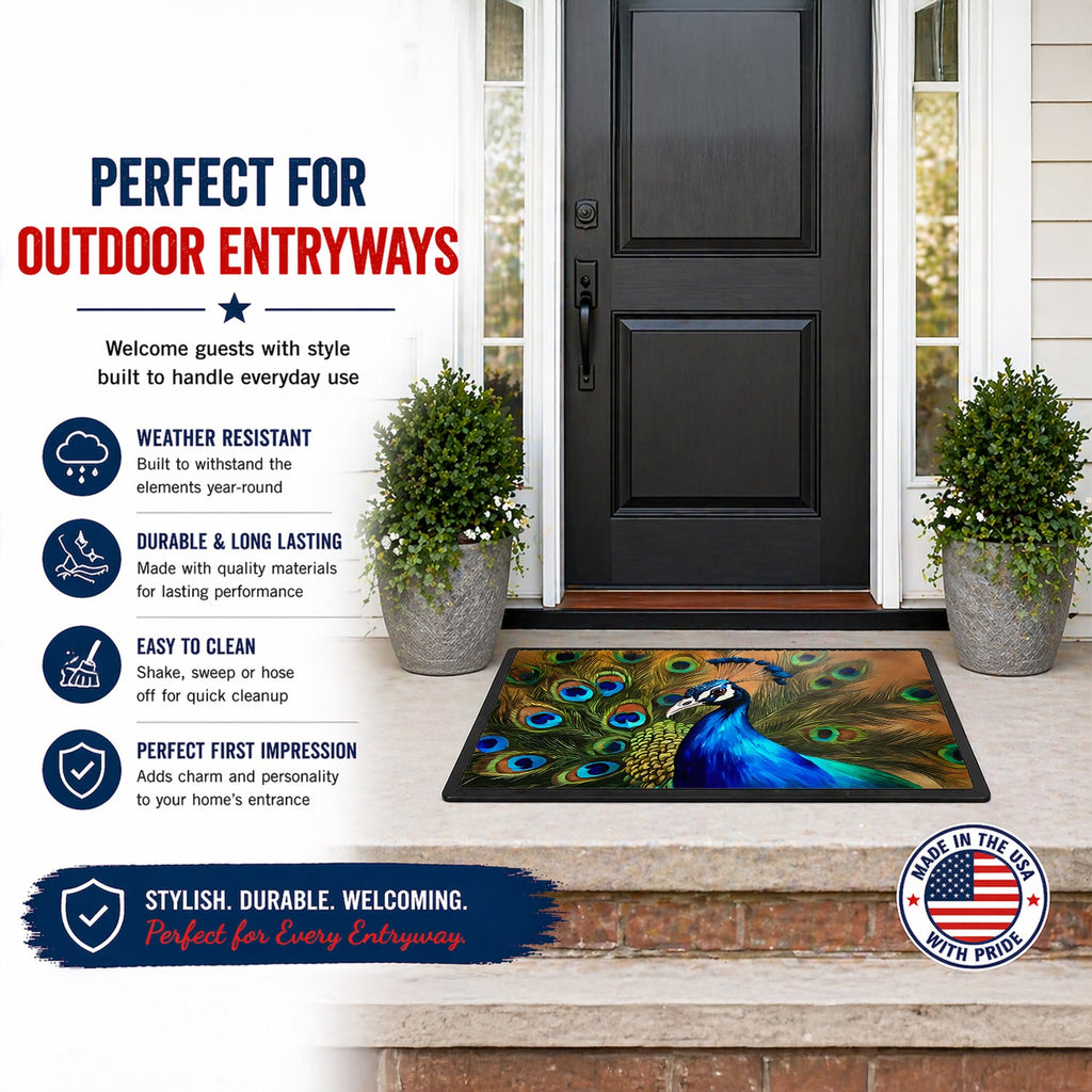 Peacock Face and Feather Detail Doormat Indoor Outdoor 18H X 27W Front Door Mat Rugs for Entryway, Non Slip Washable