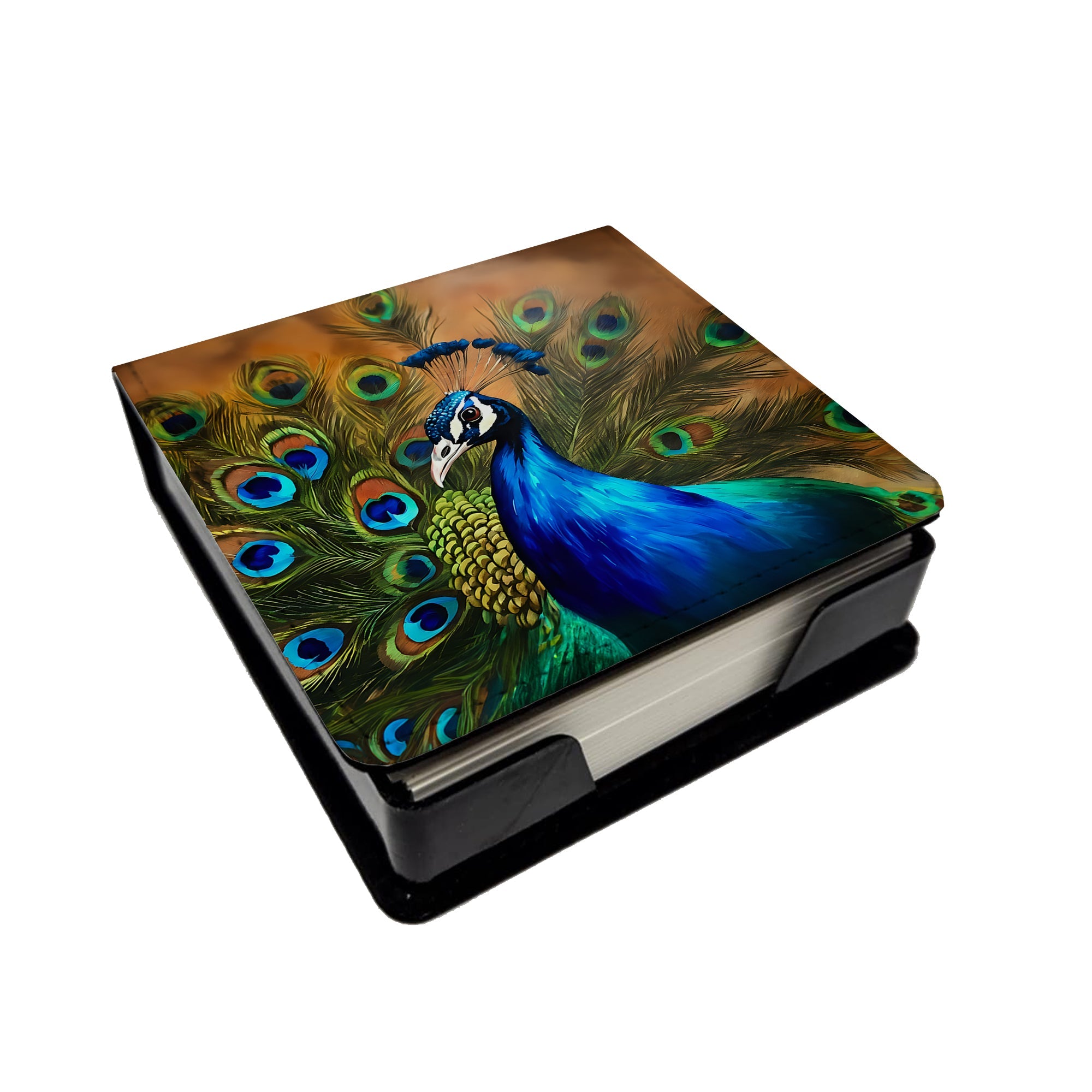 Peacock Face and Feather Detail PU Leather Note Paper Holder with Artist-Designed Cover, Desk Accessory, Office Gift