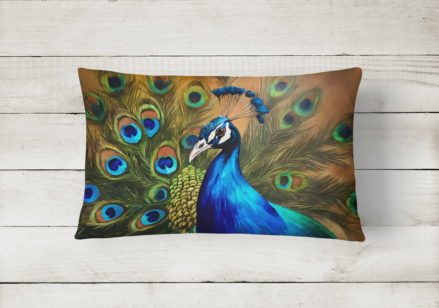 Peacock Face and Feather Detail Decorative Throw Pillow 12x16 Indoor Outdoor Accent Cushion, Fabric Cover with Insert for Sofa, Bed, Porch & Living Room