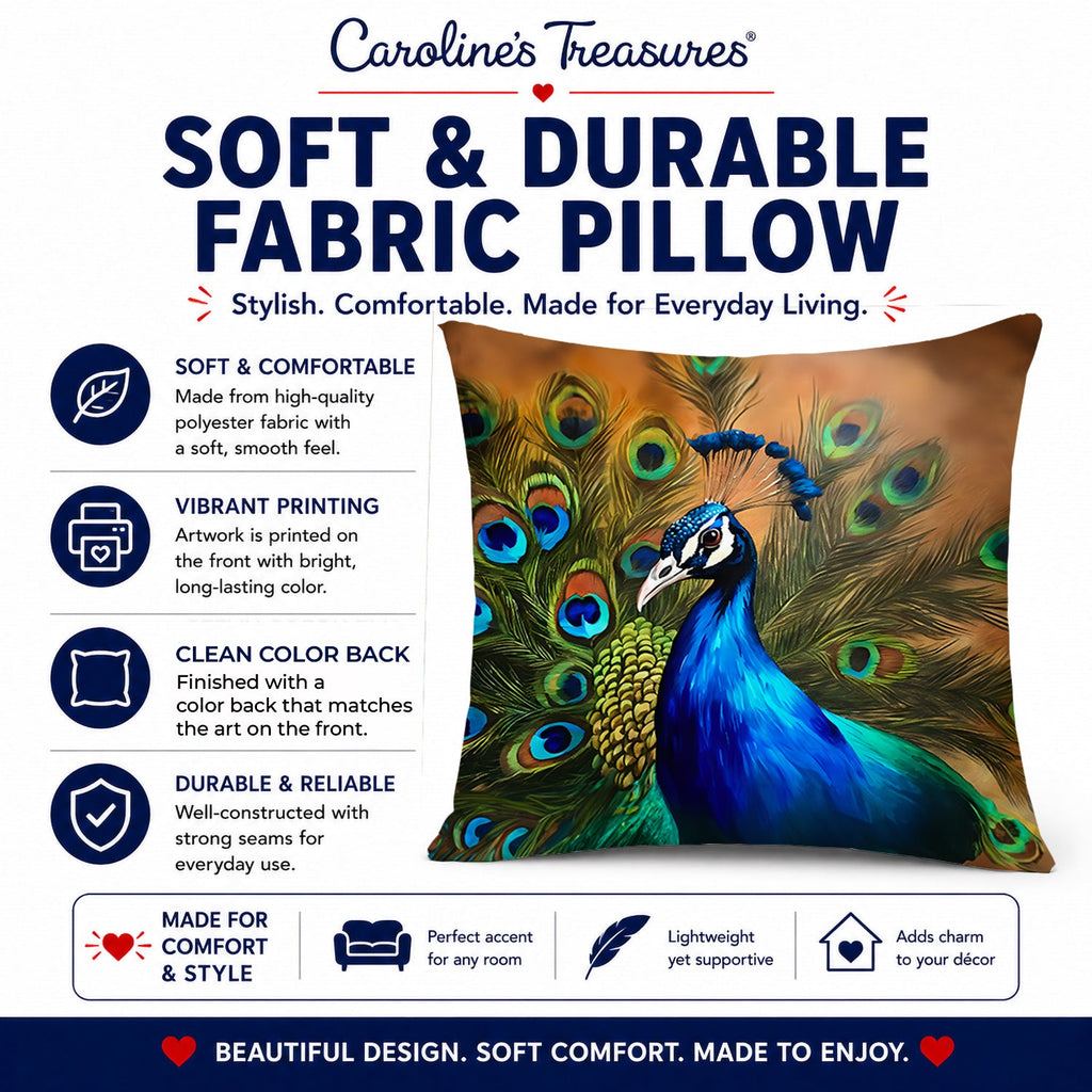 Peacock Face and Feather Detail Decorative Throw Pillow 14x14 Indoor Outdoor Accent Cushion, Fabric Cover with Insert for Sofa, Bed, Porch & Living Room