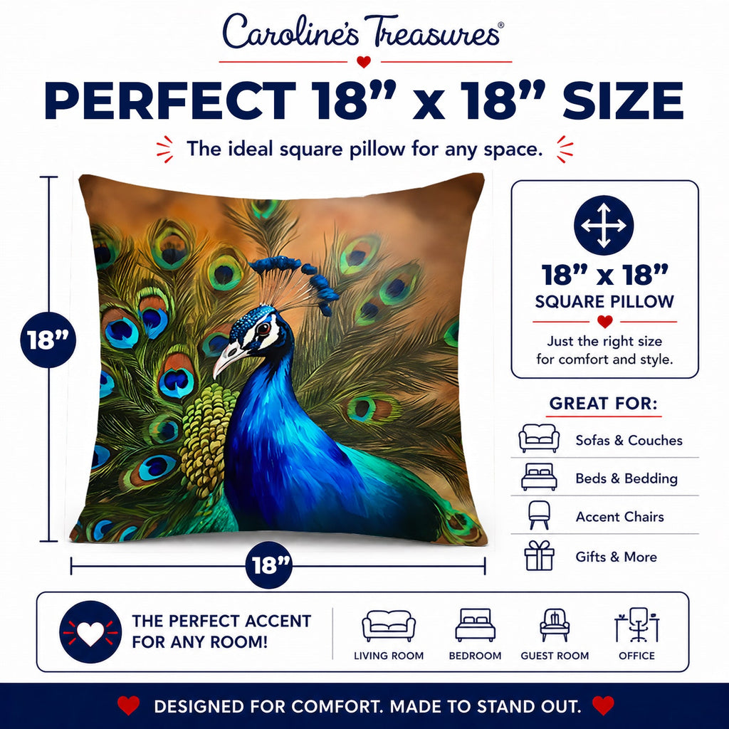 Peacock Face and Feather Detail Decorative Throw Pillow 18x18 Indoor Outdoor Accent Cushion, Fabric Cover with Insert for Sofa, Bed, Porch & Living Room
