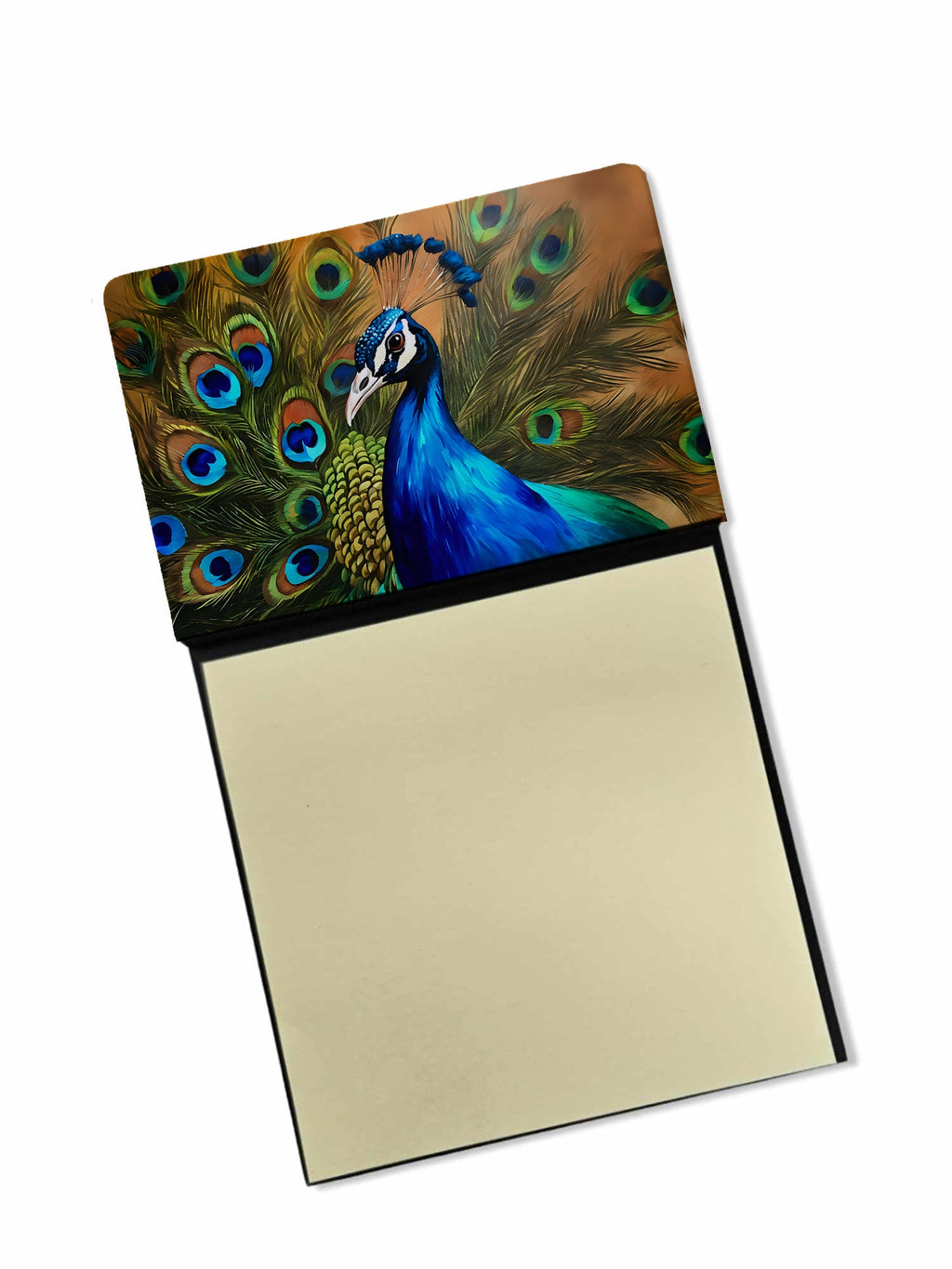 Peacock Face and Feather Detail Watercolor Sticky Note Holder Refillable Dispenser Desk Accessory 3x3 Pad Gift
