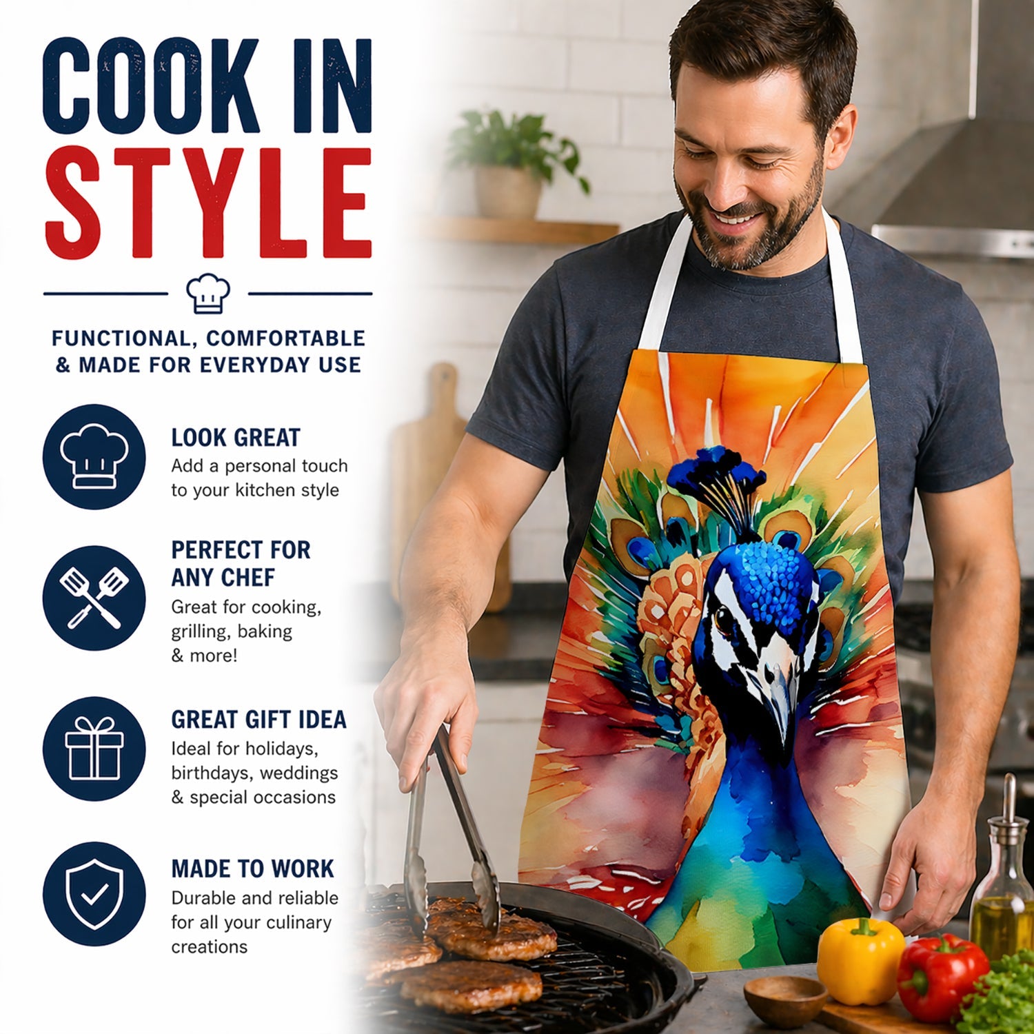 Peacock Front View Dramatic Color Apron Cooking Kitchen Server Baking Crafts Gardening for Adult Women Men, Unisex, Large, Multicolor