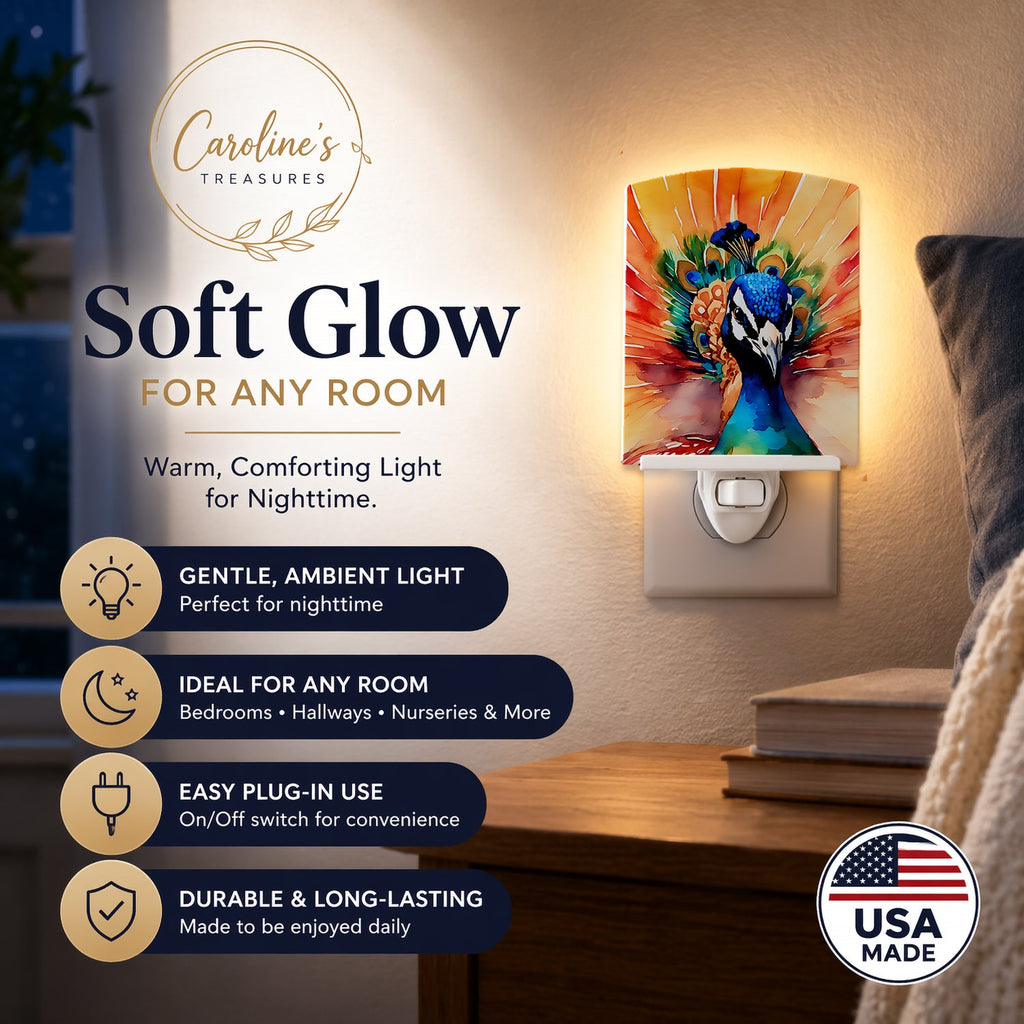 Peacock Front View Dramatic Color Ceramic Night Light Compact, UL-Certified, Ideal for Bedroom, Bathroom, Nursery, Hallway, Kitchen, 6x4x3, Multicolor