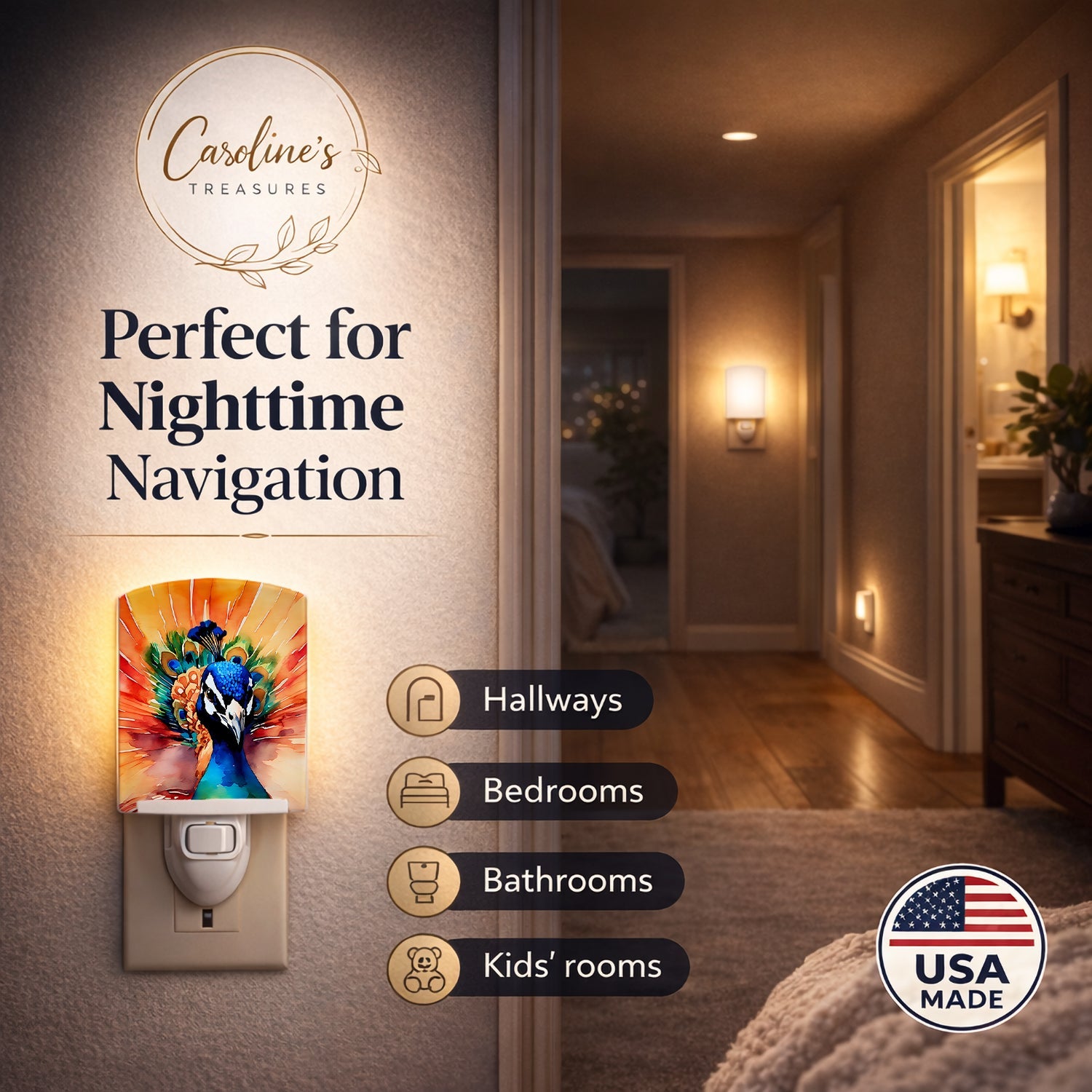 Peacock Front View Dramatic Color Ceramic Night Light Compact, UL-Certified, Ideal for Bedroom, Bathroom, Nursery, Hallway, Kitchen, 6x4x3, Multicolor