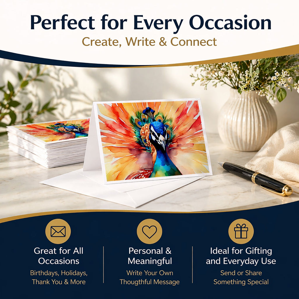 Peacock Front View Dramatic Color Greeting Cards Pack of 8 Blank Cards with Envelopes Whimsical A7 Size 5x7