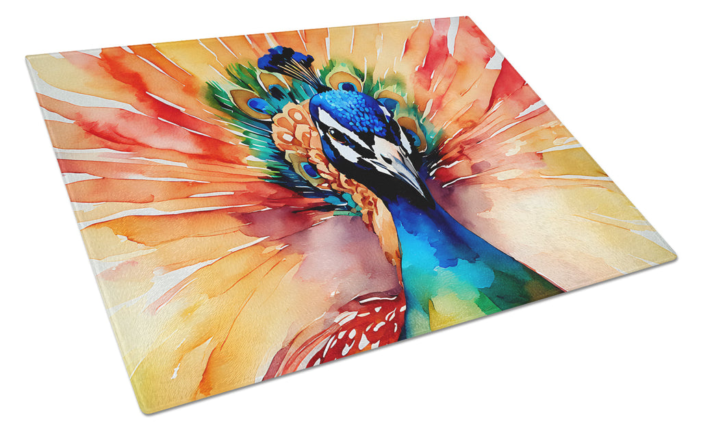 Peacock Front View Dramatic Color Cutting Board Tempered Glass Kitchen Cutting Surface, Heat Resistant Chopping, Non-Slip Feet, Food Prep & Serving